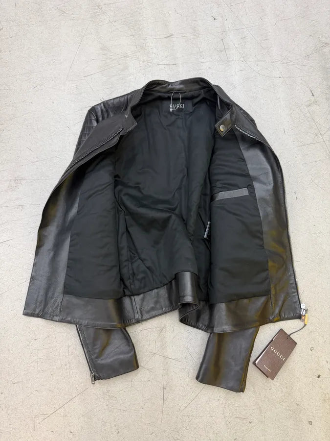 AW2014 Gucci Black Padded Leather Wool Biker Jacket qZcDefg 4