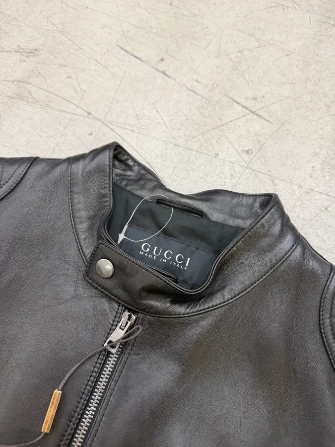 AW2014 Gucci Black Padded Leather Wool Biker Jacket qZcDefg 6