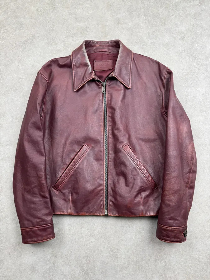 AW2014 Prada Bordeaux Exotic Women Leather Jacket hSDxlNh 3