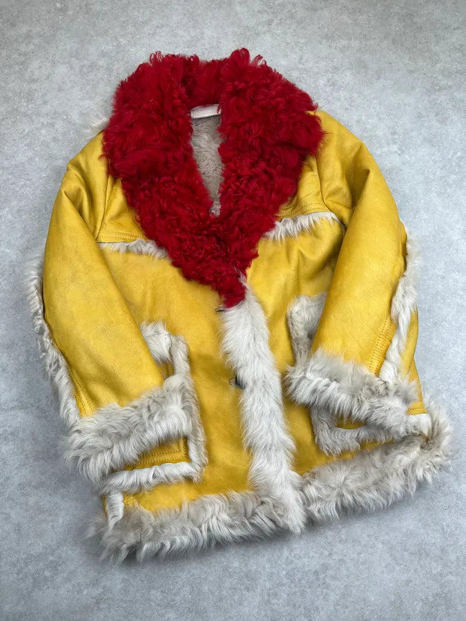AW2014 Prada Yellow Red Dyed Sheep Fur Leather Jacket BXQzgjs 5
