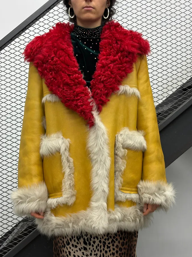 AW2014 Prada Yellow Red Dyed Sheep Fur Leather Jacket BXQzgjs 2