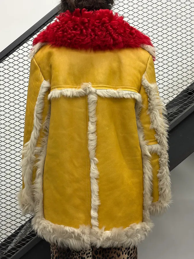 AW2014 Prada Yellow Red Dyed Sheep Fur Leather Jacket BXQzgjs 3