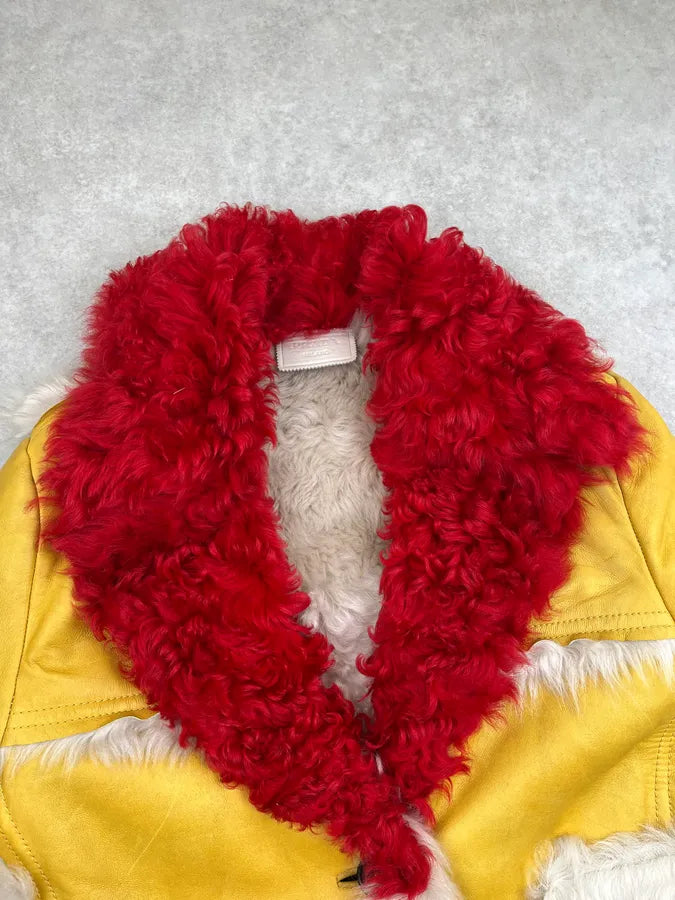 AW2014 Prada Yellow Red Dyed Sheep Fur Leather Jacket BXQzgjs 6