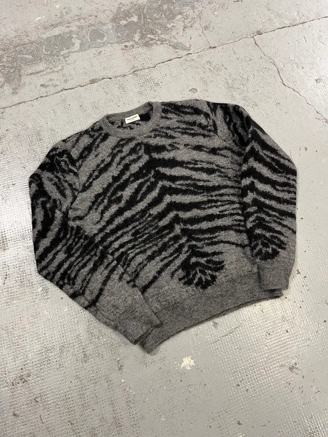 AW2014 Saint Laurent Tiger Stripes Grey Mohair Sweater jeAGXEq 3