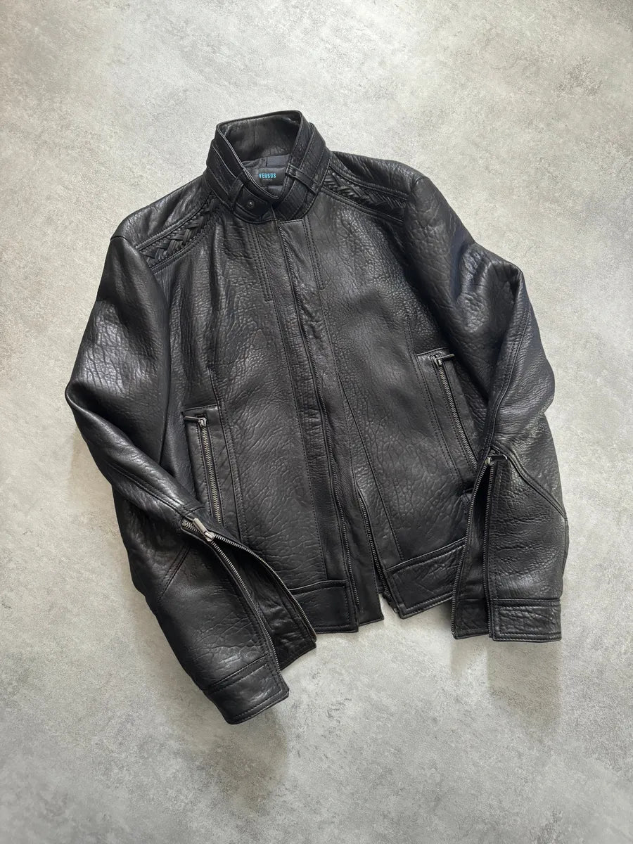 AW2014 Versace Persian Raw Dark Leather Jacket saOHXPV 2