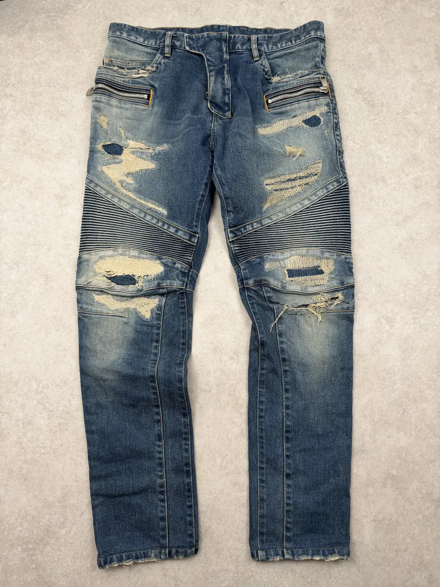 AW2015 Balmain Blue Biker Denim Jeans EtAIqJl 0