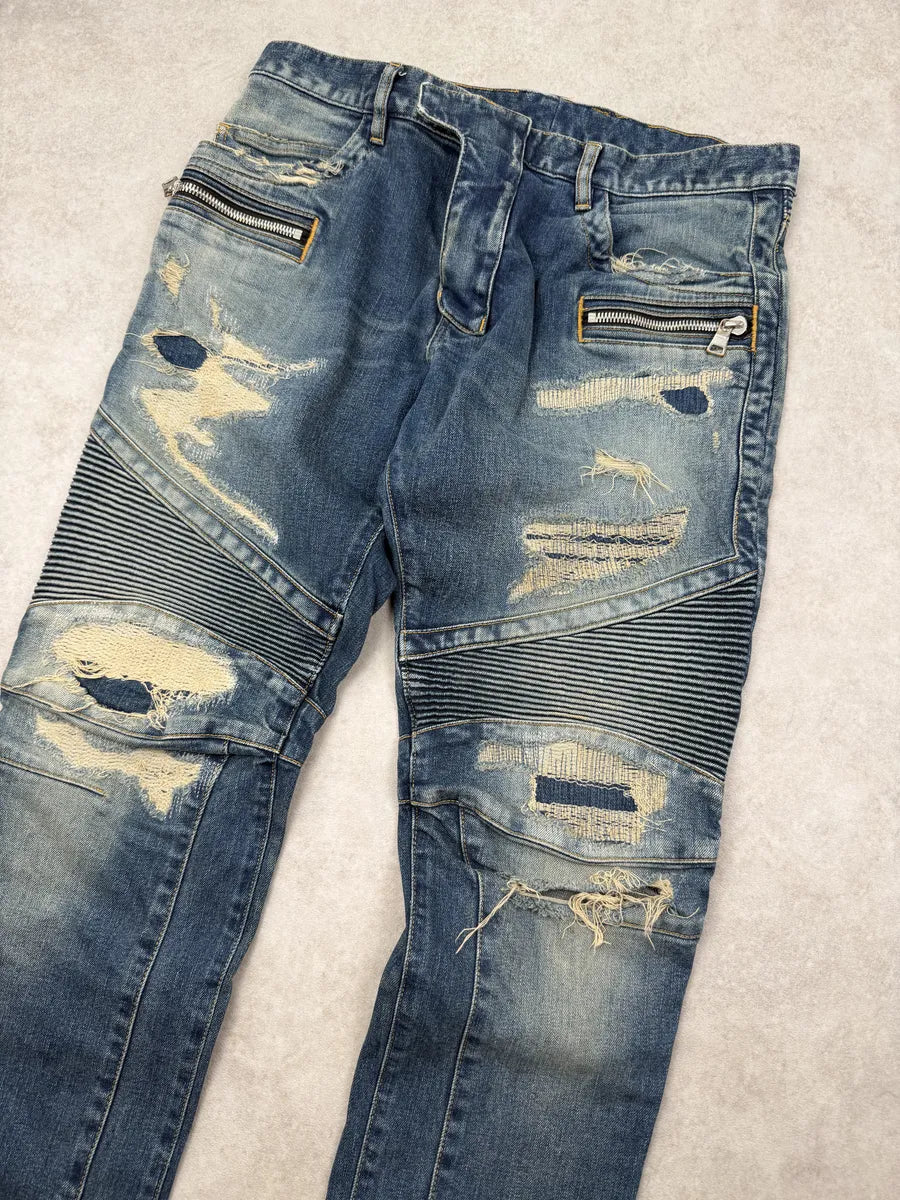 AW2015 Balmain Blue Biker Denim Jeans EtAIqJl 10