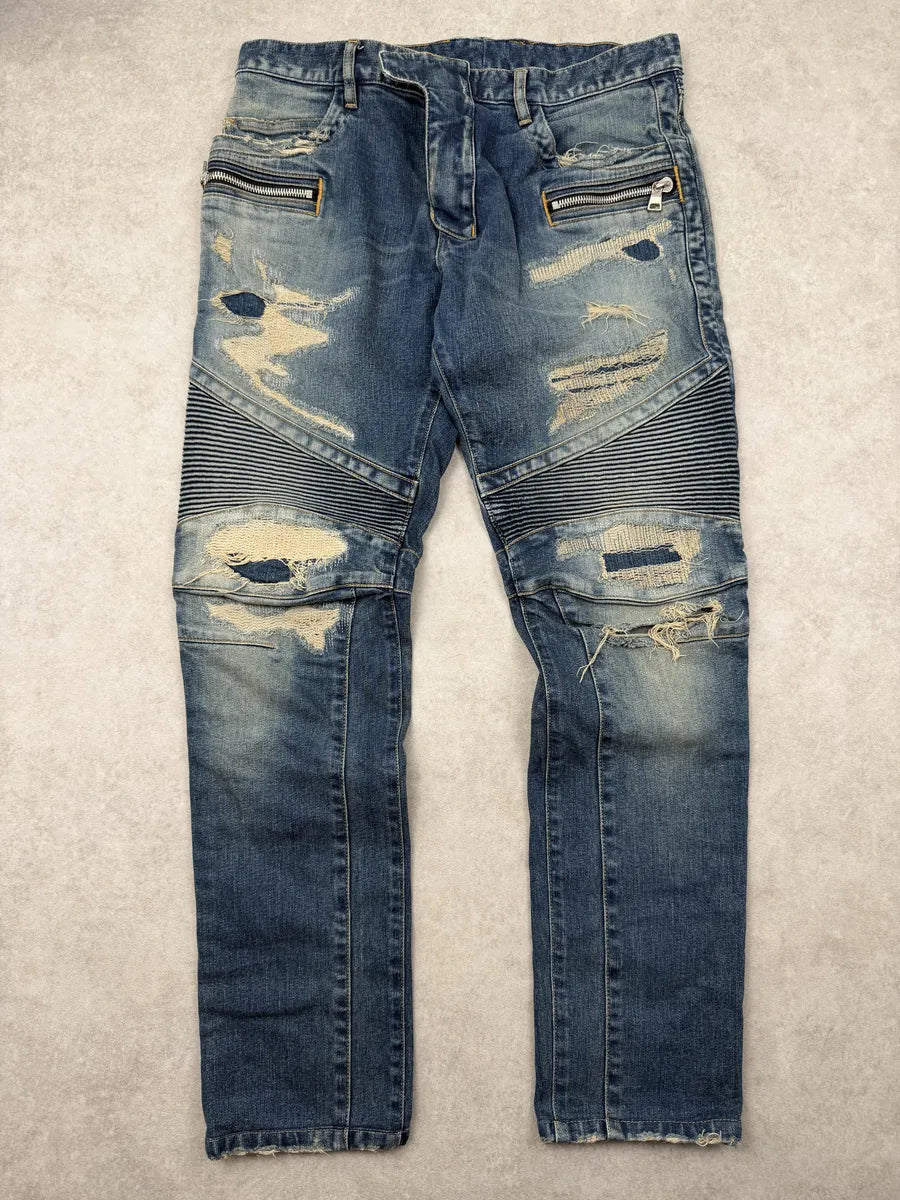 AW2015 Balmain Blue Biker Denim Jeans EtAIqJl 12