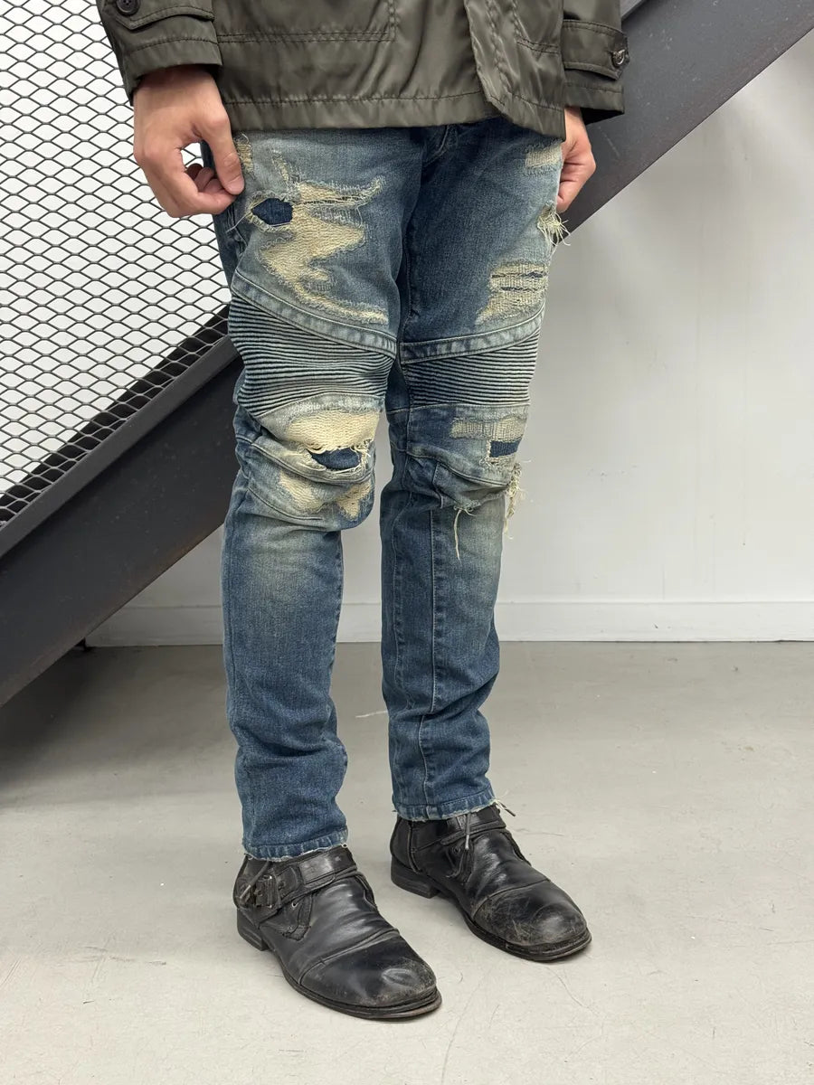 AW2015 Balmain Blue Biker Denim Jeans EtAIqJl 2