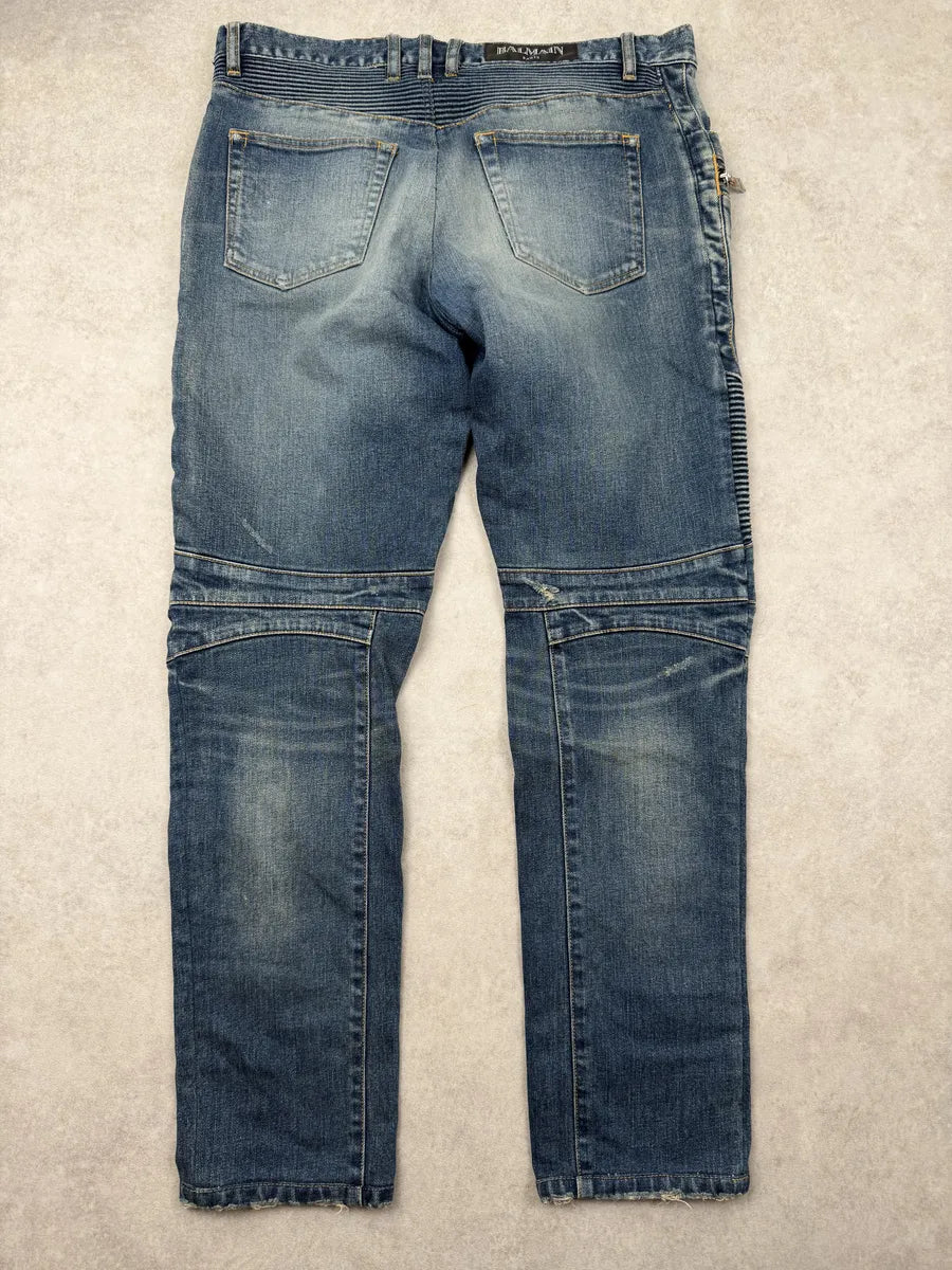 AW2015 Balmain Blue Biker Denim Jeans EtAIqJl 5