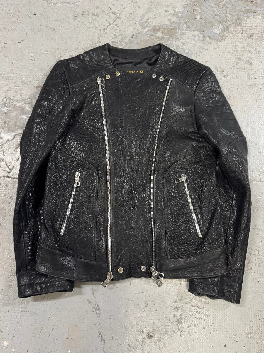 AW2015 Balmain H&M Black Grain Leather Biker Jacket xkEcqea 0