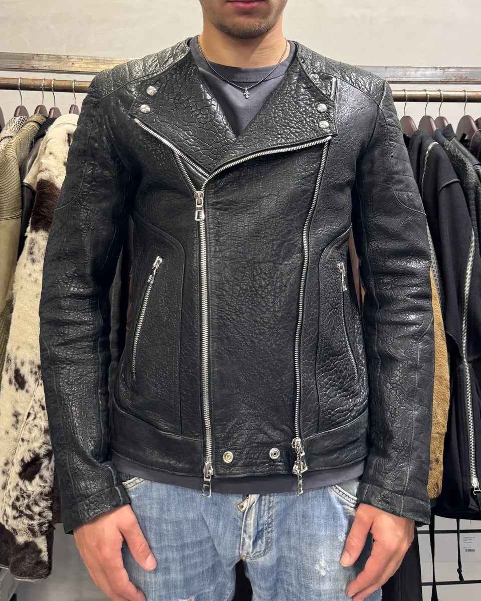 AW2015 Balmain H&M Black Grain Leather Biker Jacket xkEcqea 1