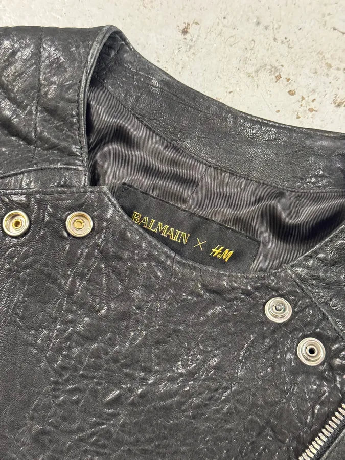 AW2015 Balmain H&M Black Grain Leather Biker Jacket xkEcqea 10