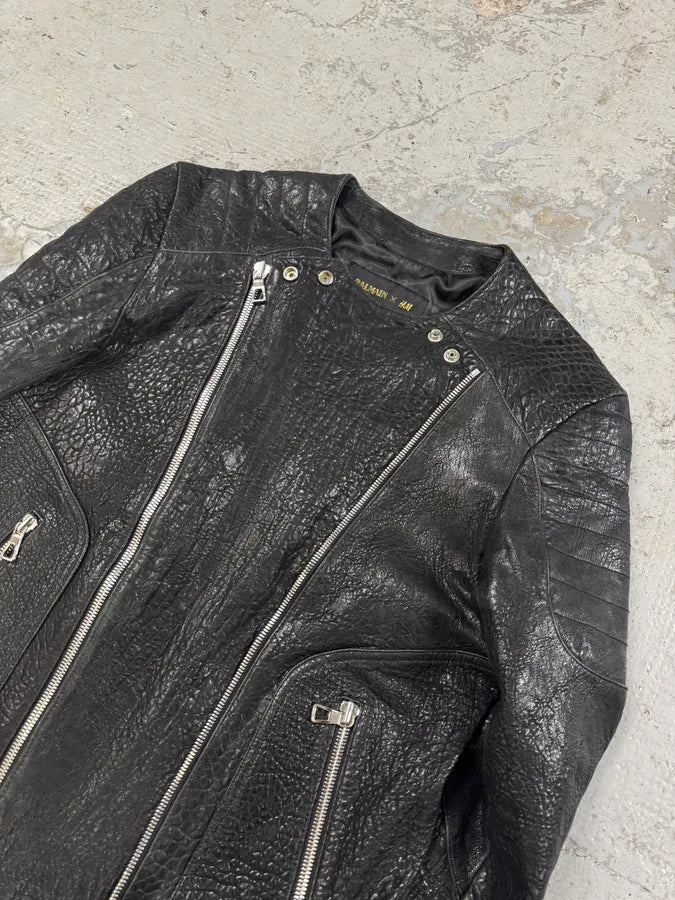 AW2015 Balmain H&M Black Grain Leather Biker Jacket xkEcqea 3