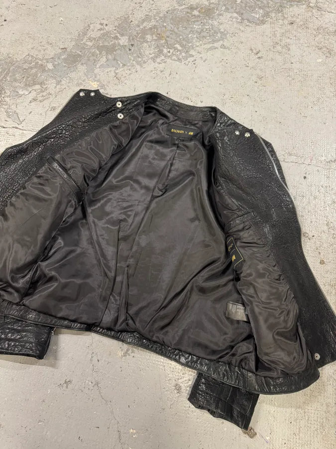 AW2015 Balmain H&M Black Grain Leather Biker Jacket xkEcqea 8