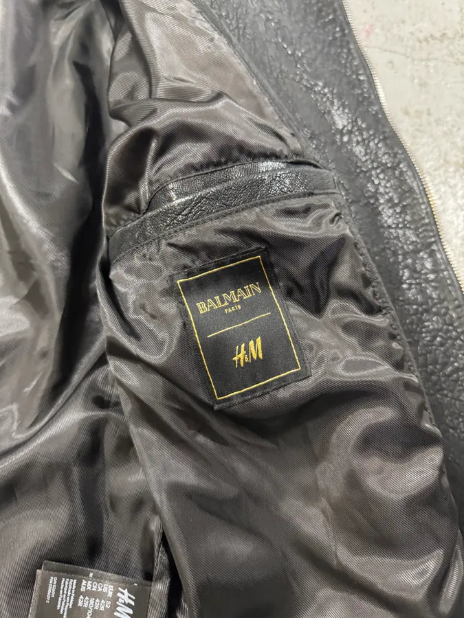 AW2015 Balmain H&M Black Grain Leather Biker Jacket xkEcqea 9
