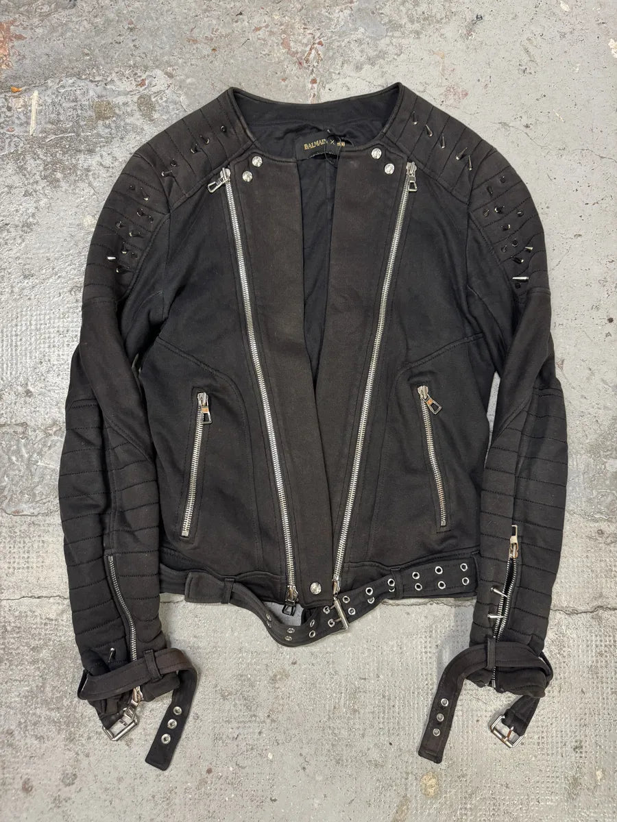 AW2015 Balmain H&M Black Horpist Spike Biker Black Jacket IOfhYIo 3