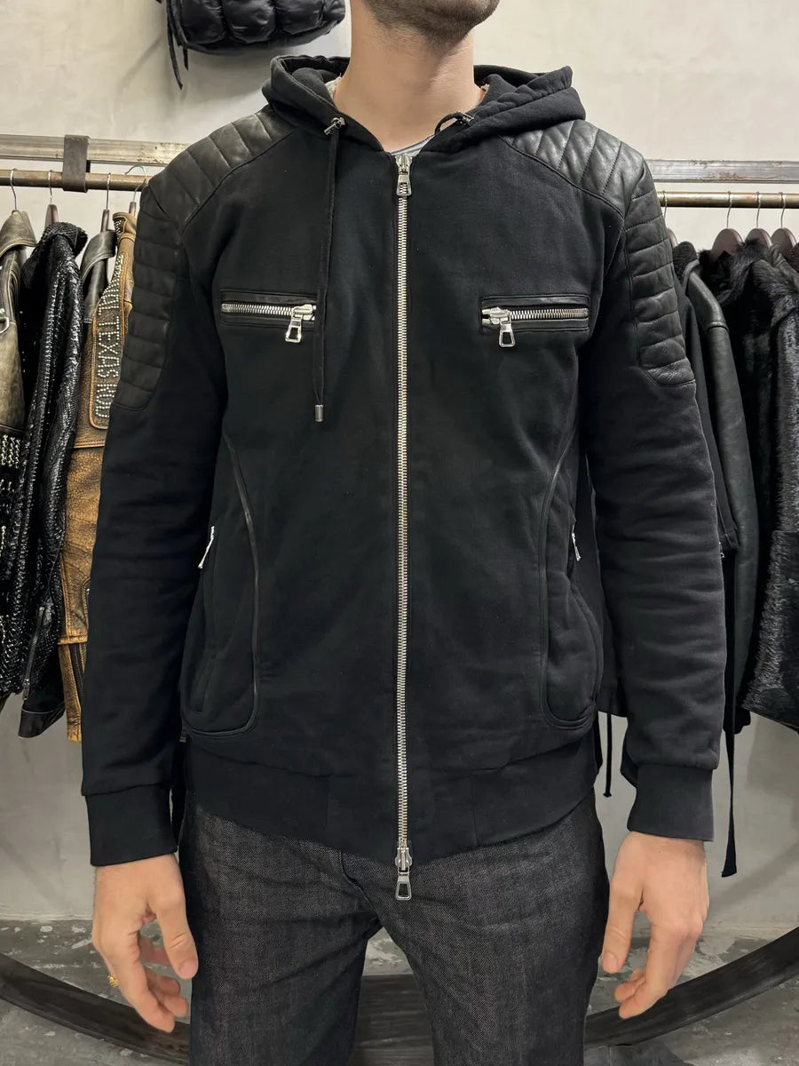 AW2015 Balmain H&M Black Leather Padded Biker Sweatshirt (L) lzpxgoK 1