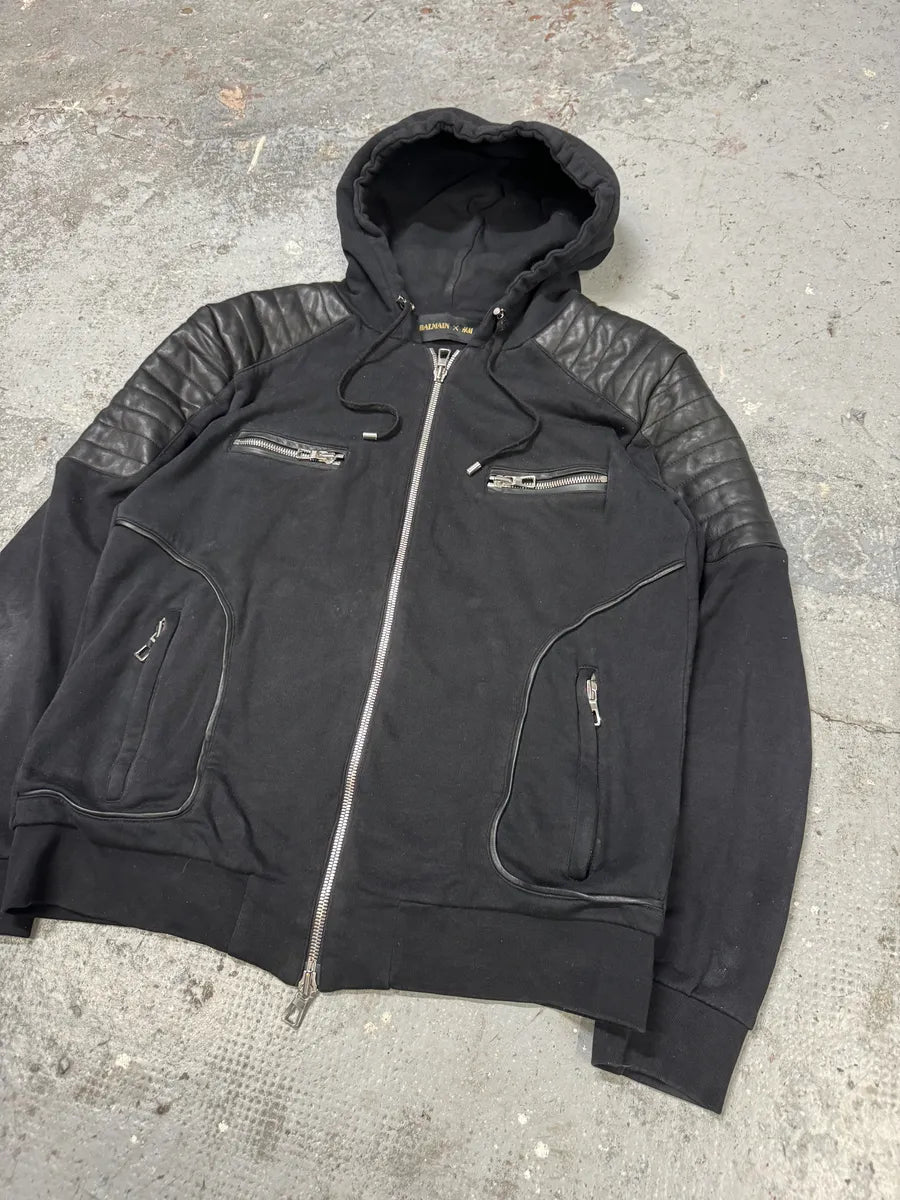 AW2015 Balmain H&M Black Leather Padded Biker Sweatshirt (L) lzpxgoK 3