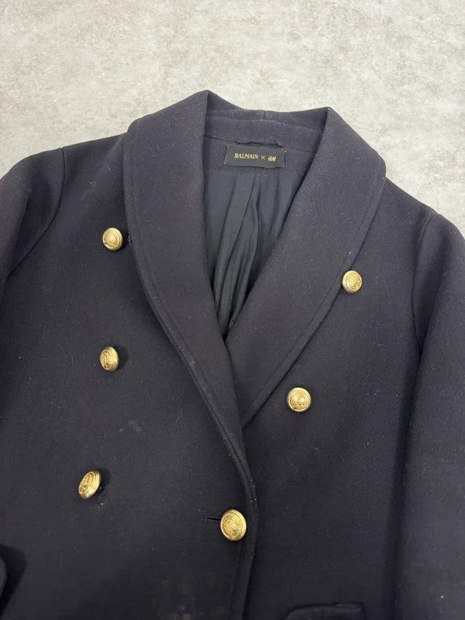 AW2015 Balmain H&M Black Officer Coat pfzHBbA 4