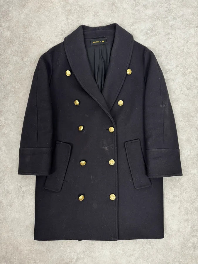 AW2015 Balmain H&M Black Officer Coat pfzHBbA 1
