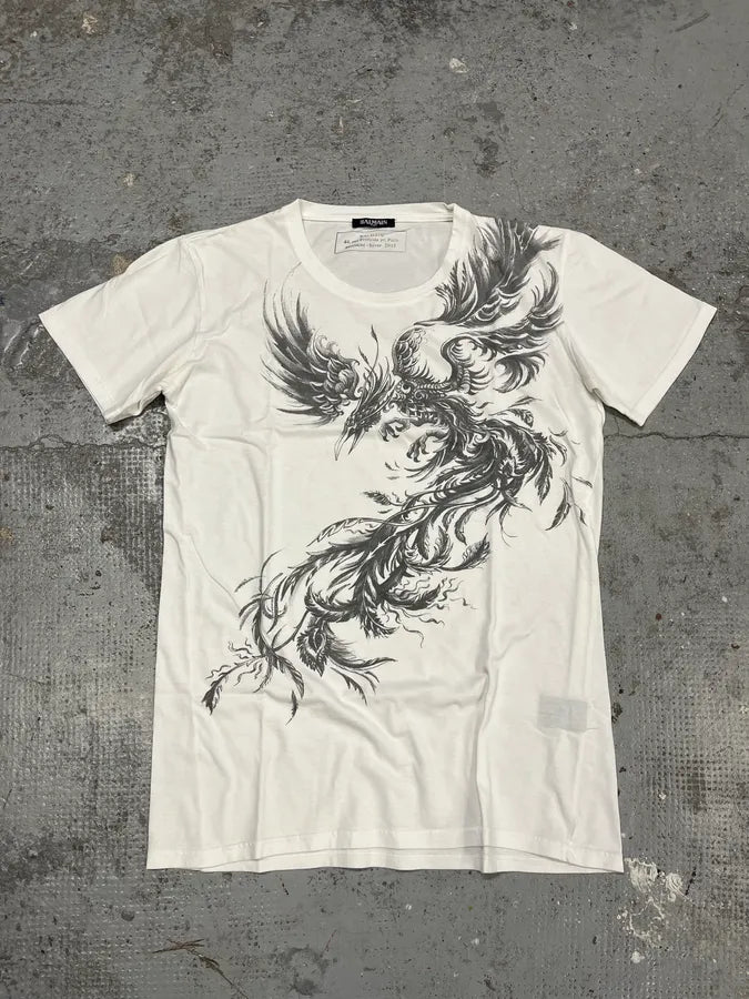 AW2015 Balmain Phoenix White T-Shirt MRPNByh 0