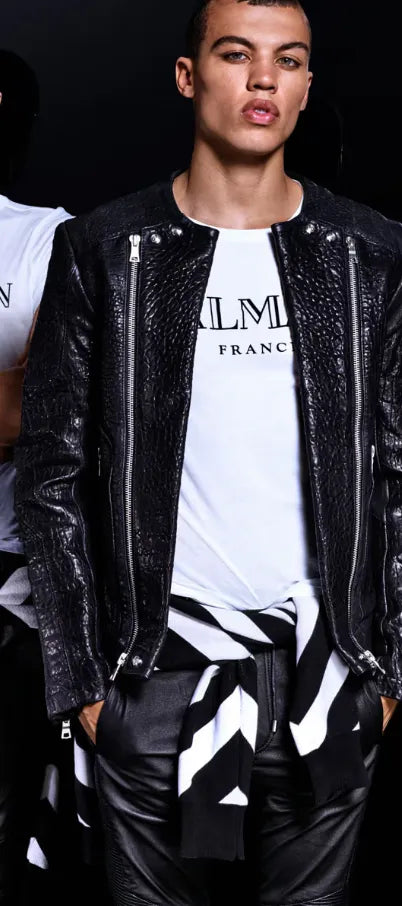 AW2015 Balmain x H&M Black Leather Textured Moto Leather Jacket fiIqAoAR 1