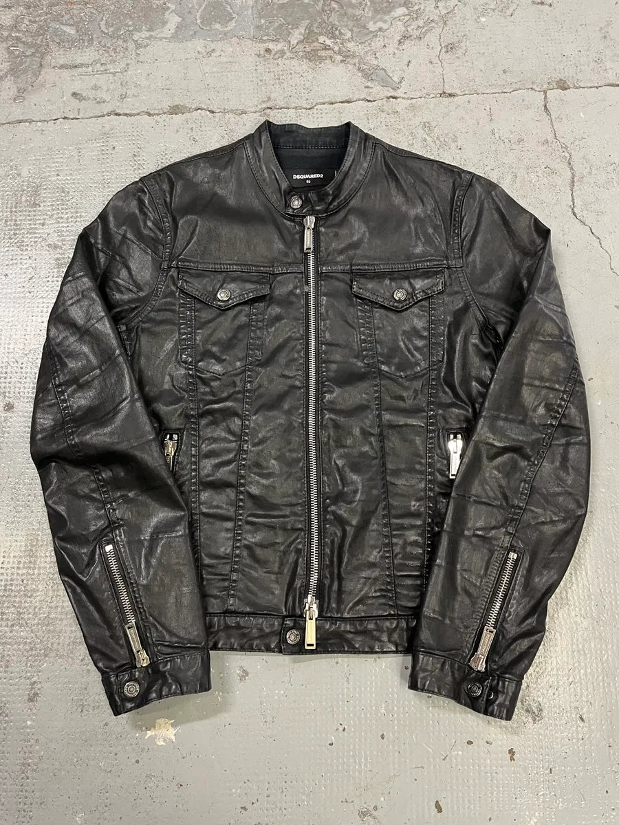 AW2015 Dsquared2 Biker Waxed Black Jacket sPTbKQG 0