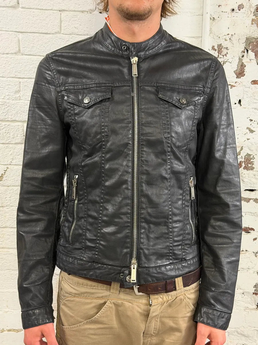 AW2015 Dsquared2 Biker Waxed Black Jacket sPTbKQG 1