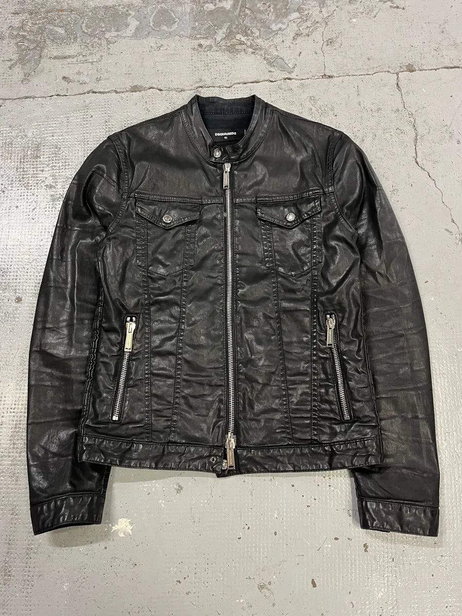 AW2015 Dsquared2 Biker Waxed Black Jacket sPTbKQG 3