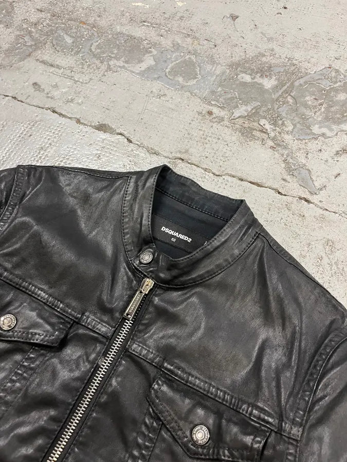 AW2015 Dsquared2 Biker Waxed Black Jacket sPTbKQG 4