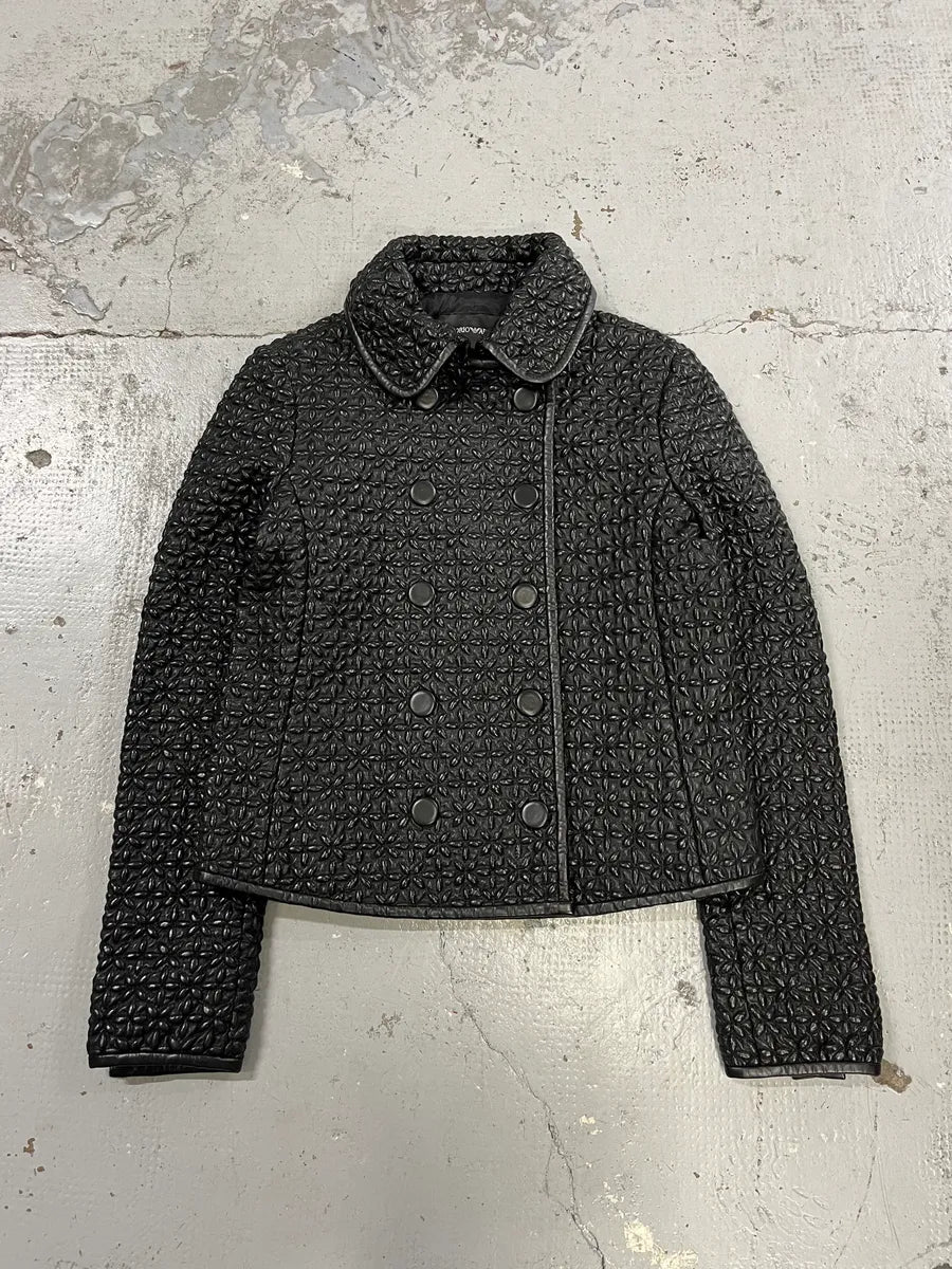 AW2015 Emporio Armani Officer Embossed Flowers Black Leather Jacket WZBKotB 0