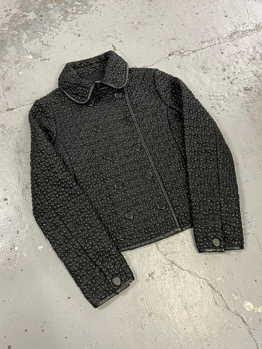 AW2015 Emporio Armani Officer Embossed Flowers Black Leather Jacket WZBKotB 3