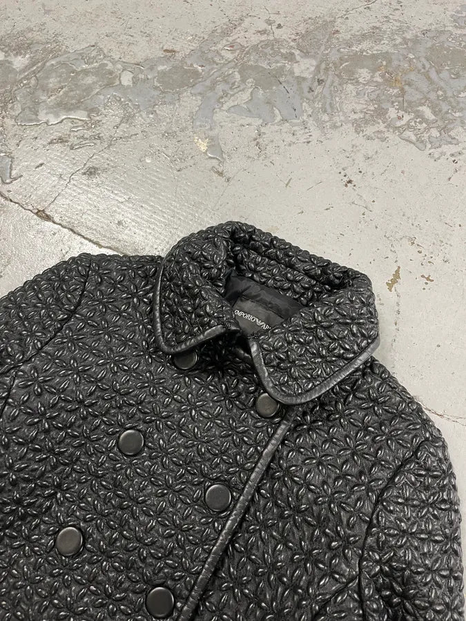 AW2015 Emporio Armani Officer Embossed Flowers Black Leather Jacket WZBKotB 4