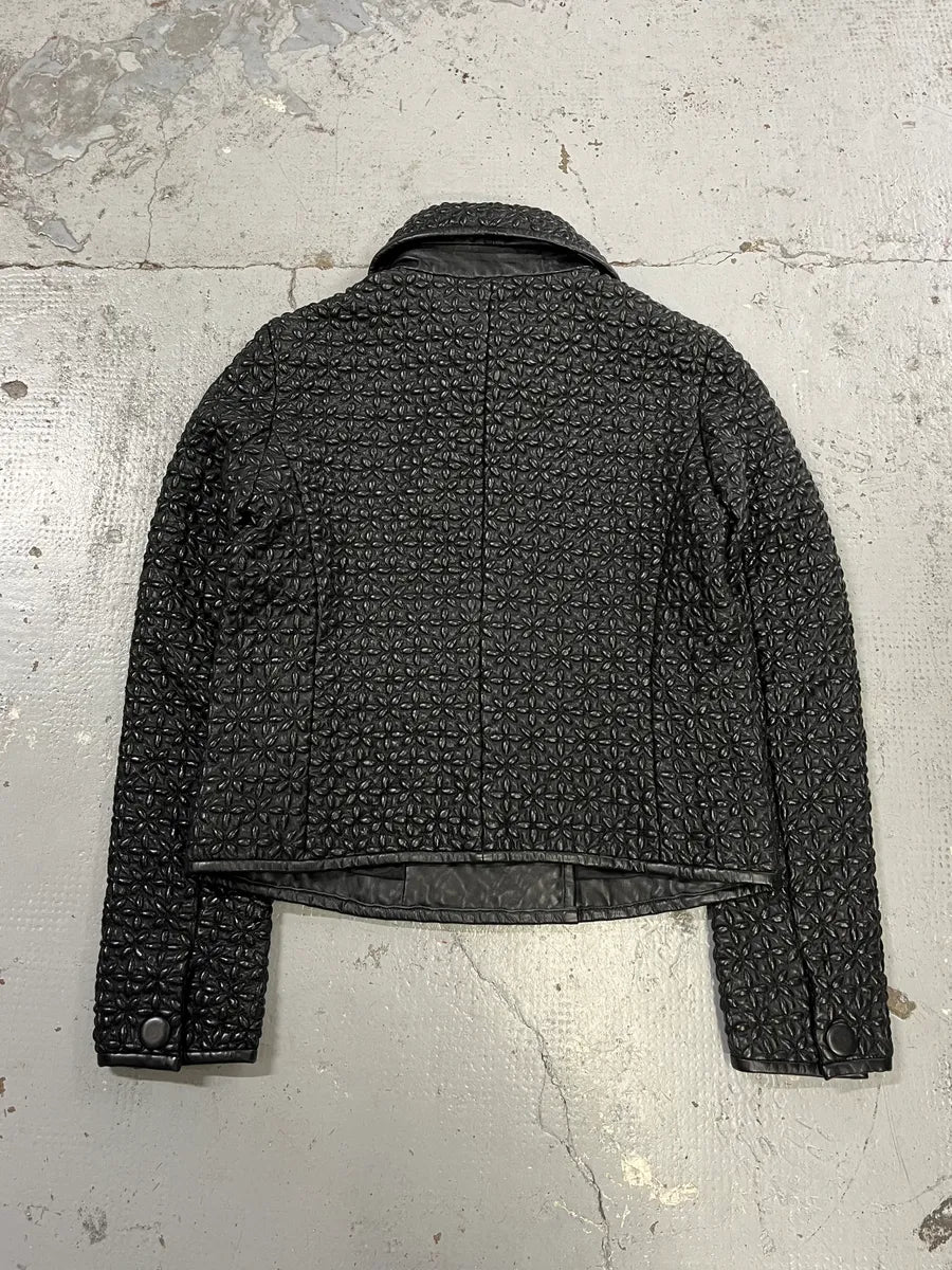 AW2015 Emporio Armani Officer Embossed Flowers Black Leather Jacket WZBKotB 6