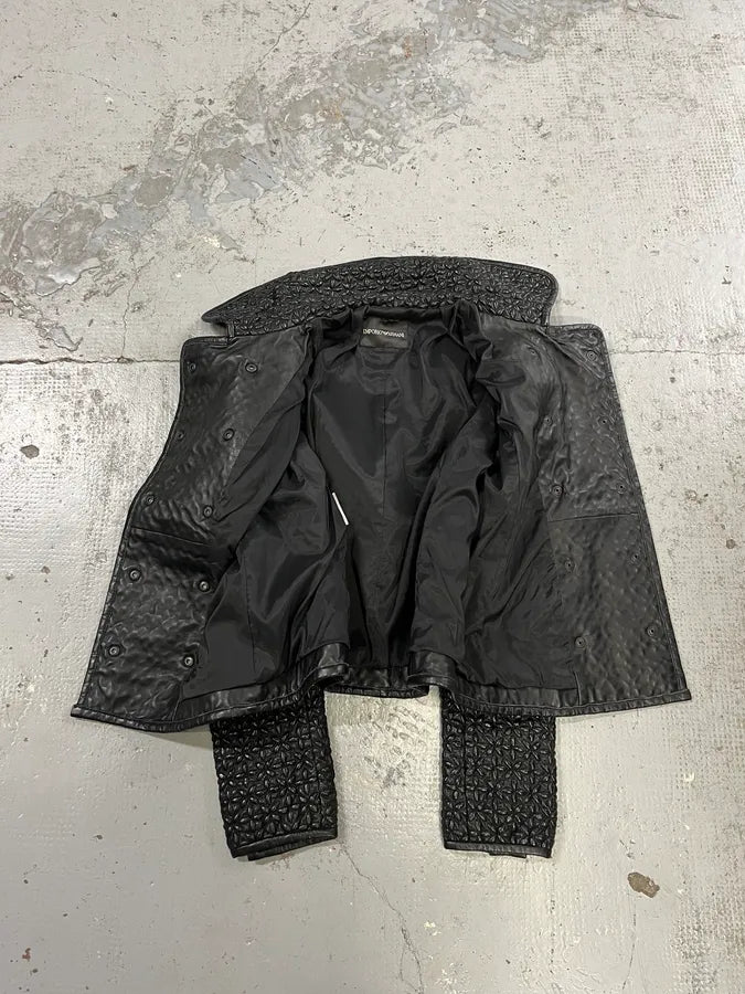 AW2015 Emporio Armani Officer Embossed Flowers Black Leather Jacket WZBKotB 7