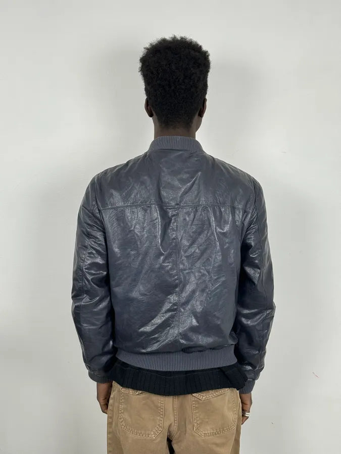 AW2015 Prada Navy Leather Bomber Jacket ybkahAA 2