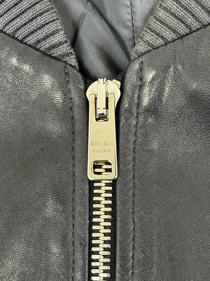 AW2015 Prada Navy Leather Bomber Jacket ybkahAA 7