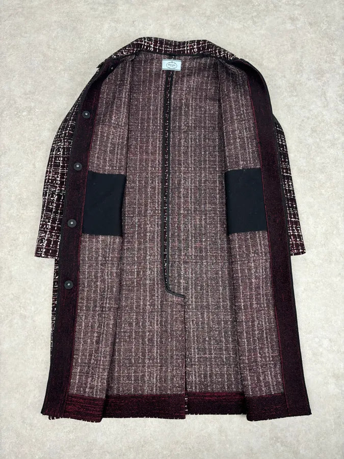 AW2015 Prada Textured Black & Bordeaux Tweed Long Coat IBHhxuy 7