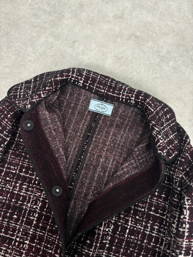 AW2015 Prada Textured Black & Bordeaux Tweed Long Coat IBHhxuy 4