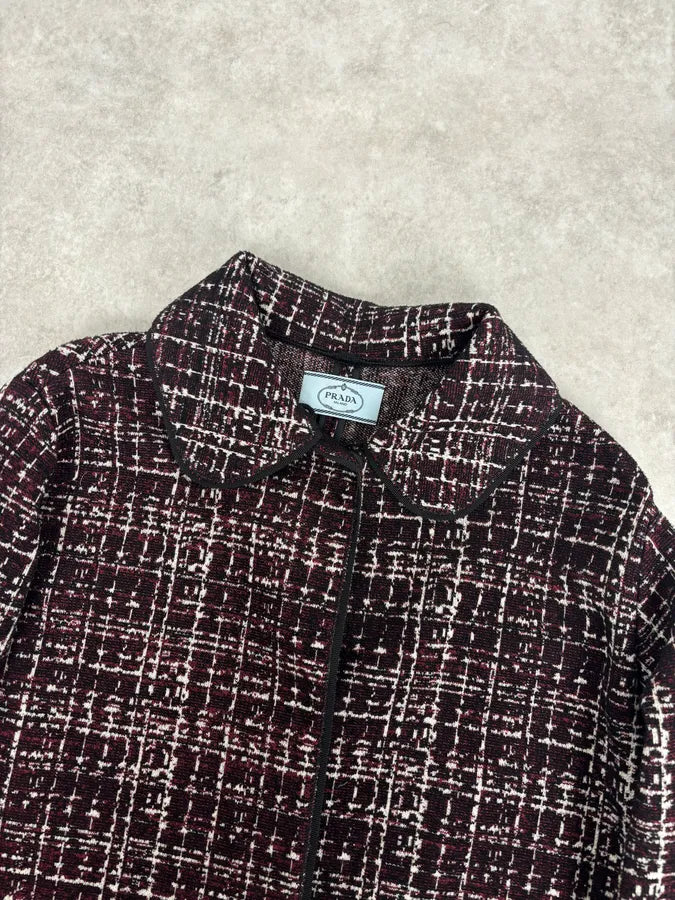 AW2015 Prada Textured Black & Bordeaux Tweed Long Coat IBHhxuy 3