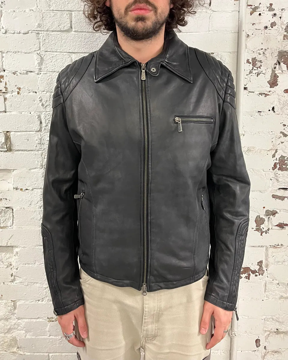 AW2015 Versace Moto Black Padded Leather Jacket DJRBnAM 1