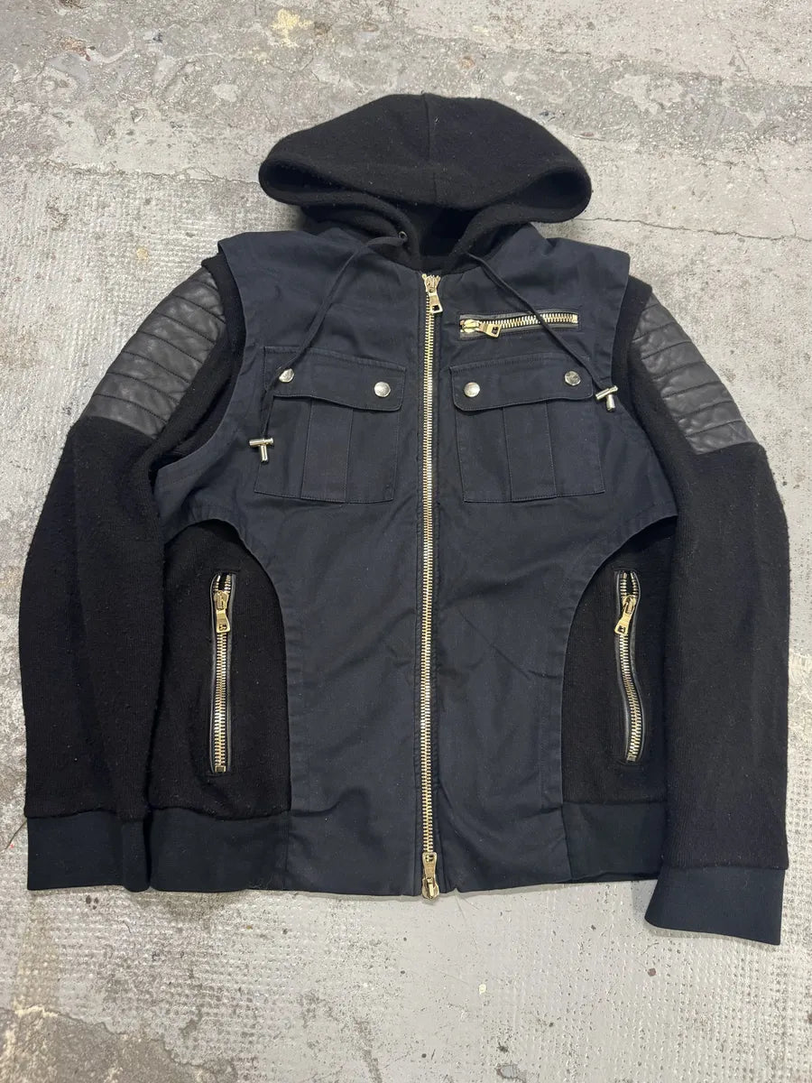 AW2016 Balmain Black Hybrid Biker Zip-up Hooded Jacket yIhoUJu 0