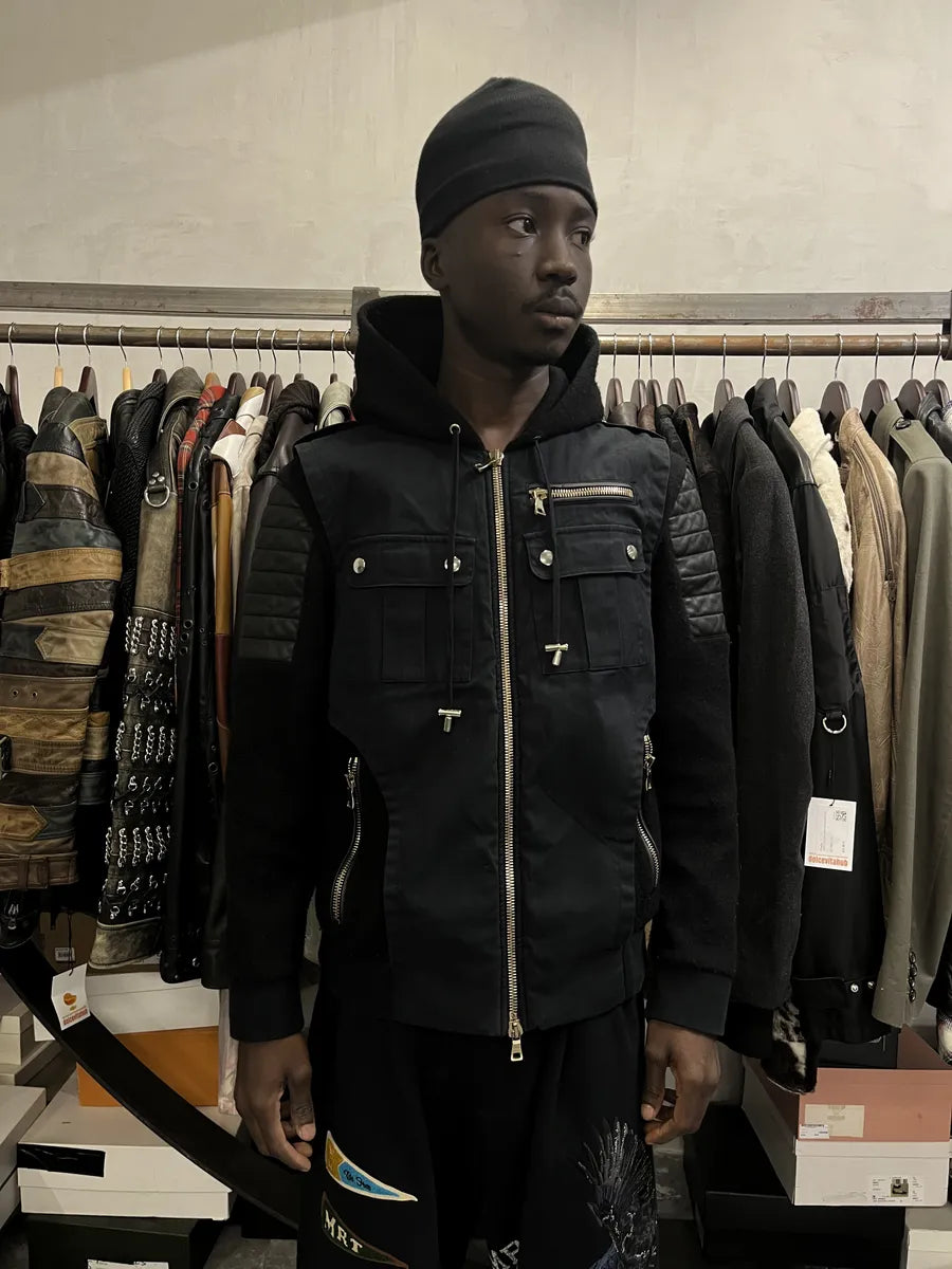 AW2016 Balmain Black Hybrid Biker Zip-up Hooded Jacket yIhoUJu 2