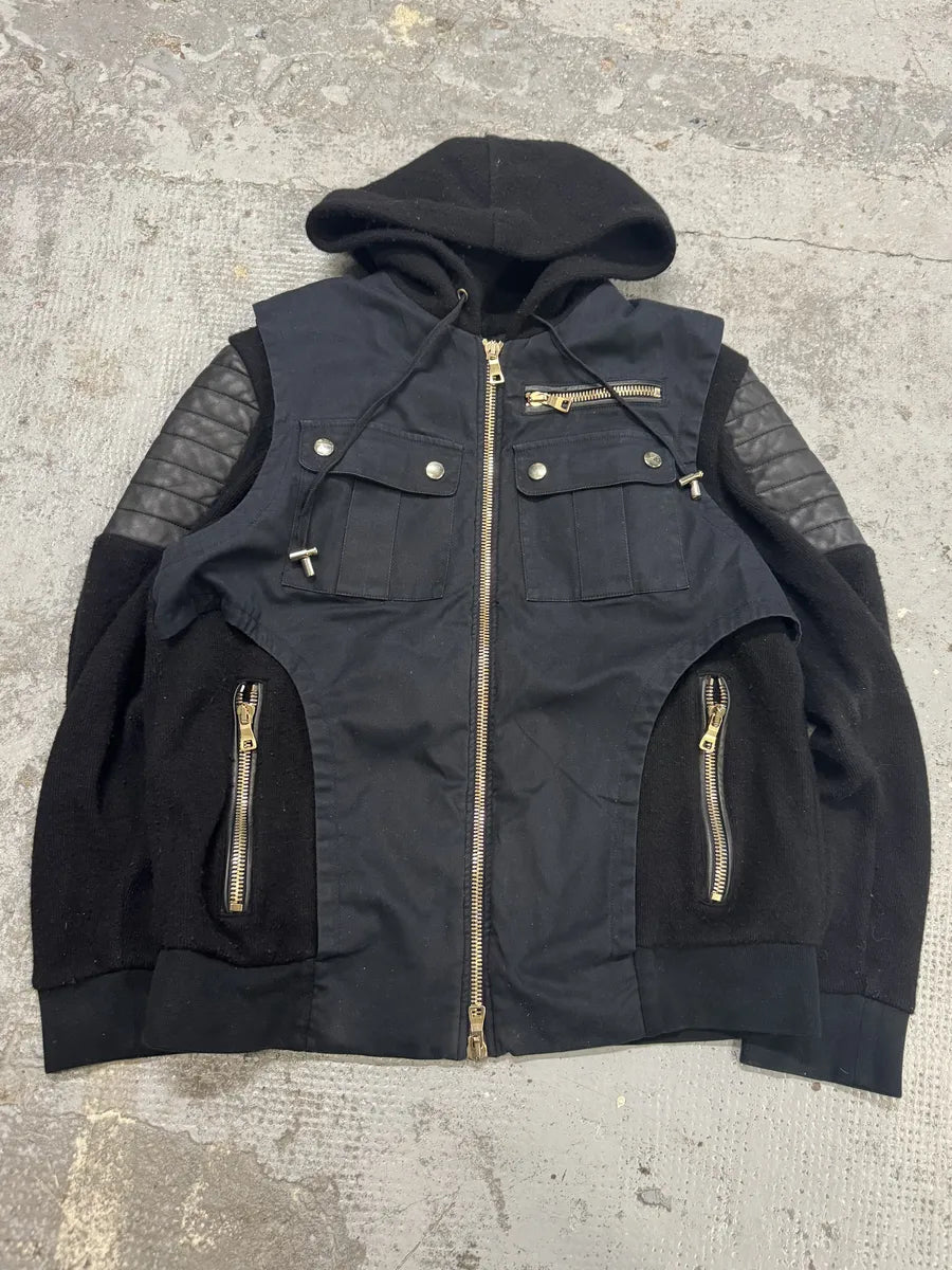 AW2016 Balmain Black Hybrid Biker Zip-up Hooded Jacket yIhoUJu 4