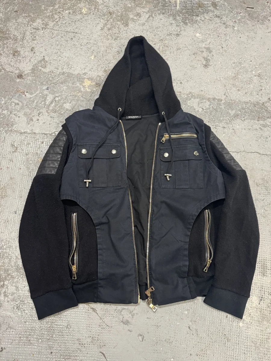 AW2016 Balmain Black Hybrid Biker Zip-up Hooded Jacket yIhoUJu 5