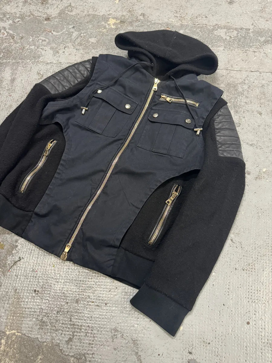AW2016 Balmain Black Hybrid Biker Zip-up Hooded Jacket yIhoUJu 7