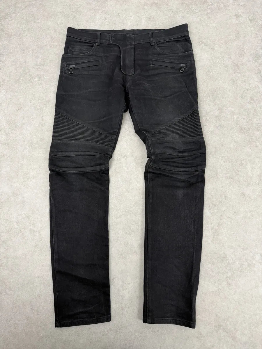 AW2016 Balmain Dark Grey Avant-Garde Biker Denim Jeans DyNYjTk 0