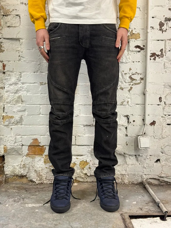 AW2016 Balmain Dark Grey Avant-Garde Biker Denim Jeans UNWWIGO 1