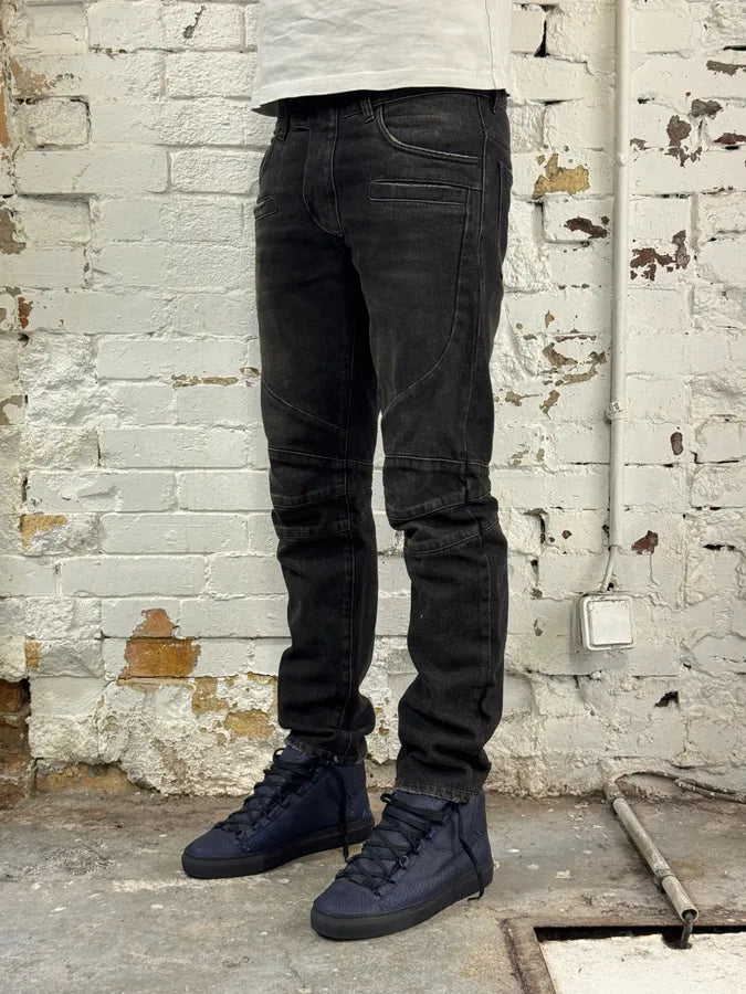 AW2016 Balmain Dark Grey Avant-Garde Biker Denim Jeans UNWWIGO 2